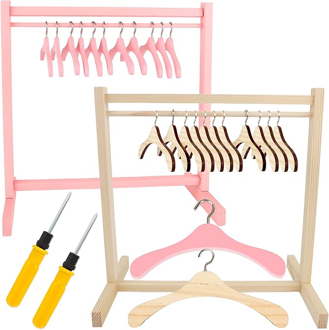 26 Pcs Wood Doll Garment Rack with Wooden Clothes Hanger Mini Wooden Girl Doll Clothes Hanger Organizer Storage Shelf for 18 Inch Girl Doll Clothes Baby Dollhouse (Color Set 2)