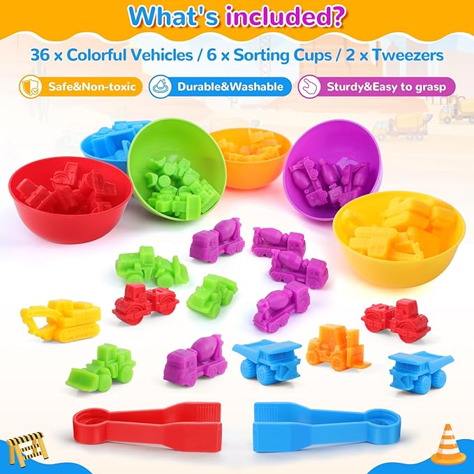 USATDD Counting Construction Vehicles Color Sorting Preschool Learning Matching Games Fine Motor Skills Toys Montessori Classroom Sensory Table Toys for Kids for Toddlers 3 4 5