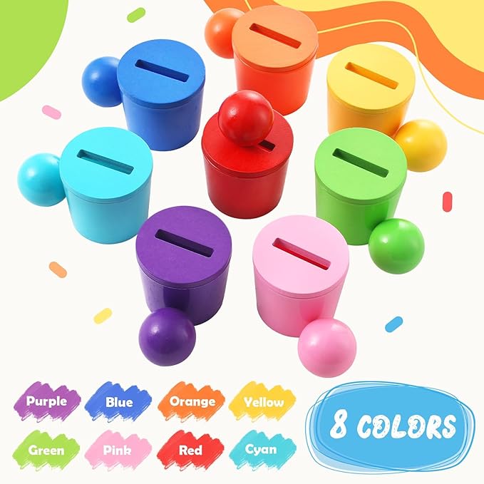 Ball in Cups Toddler Montesssori Toys for 1 Years Old, Rainbow Color Sorting Toy Coin Box Matching Game, Wooden Learning Color for Baby Toddler Age 1-3, Fine Motor Developmental Infants Sensory Toy