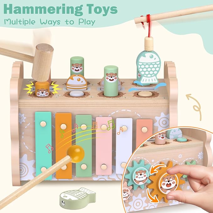 Wooden Montessori Toys for Toddlers 1-3, Baby Pounding Hammering Toy with Xylophone & Fishing Game, Car Ramp Racer, Stacking Blocks & Shape Sorter, 3 in 1 Learning Multi-Activity Set for 1 + Year Old