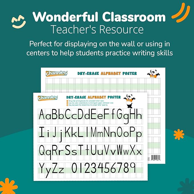 Channie’s Visual Two Sided Large Dry Erase Alphabet & Numbers Poster Board - Size 22” x 17”, Ages 3 and Up, PreK – 2nd Grade - Homeschool Learning Supplies for Summer School Teaching