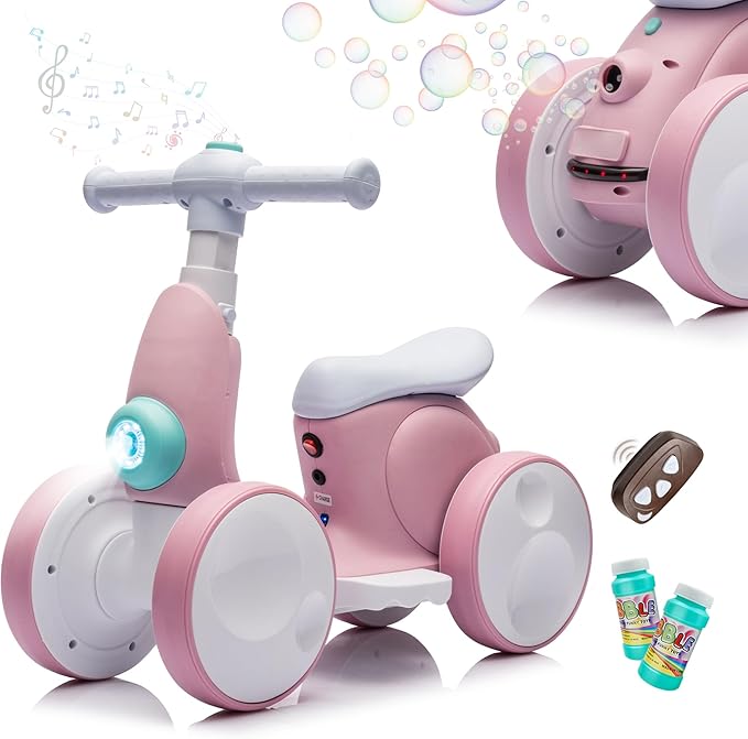 6V Electric Baby Balance Bike with Bubble Machine,4 in 1 Toddler Balance Bike w/Remote Control for 1 Year Old Boys Girls Kids Bubble Bike Ride on Toys w/Powered Motor,Music,LED Lights (Pink)