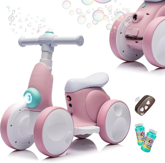 6V Electric Baby Balance Bike with Bubble Machine,4 in 1 Toddler Balance Bike w/Remote Control for 1 Year Old Boys Girls Kids Bubble Bike Ride on Toys w/Powered Motor,Music,LED Lights (Pink)