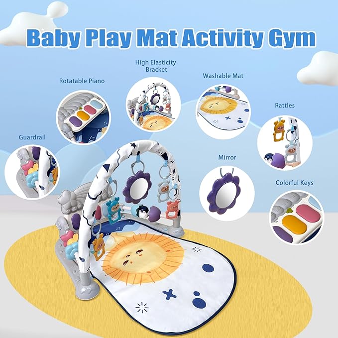 Baby Play Gym Mat, Baby Gym Activity Center, Kick and Play Piano with Music and Light, Tummy Time Toys for Newborn Babies Infants Boys Girls 0-3-6-9-12 Months (Grey)