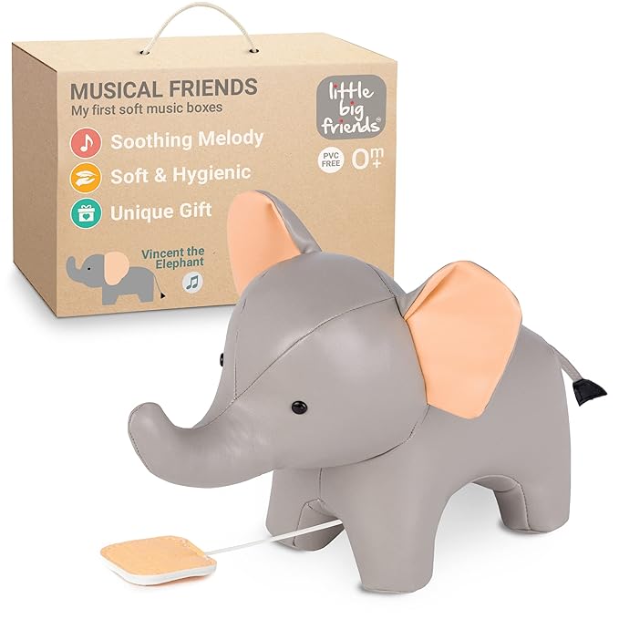 Little Big Friends Musical Baby Toy – Soft Plush Pull-String Cord Classical Toy for Baby & Toddlers | Soothing Stuffed Cuddly Animal Gift | Vincent The Elephant