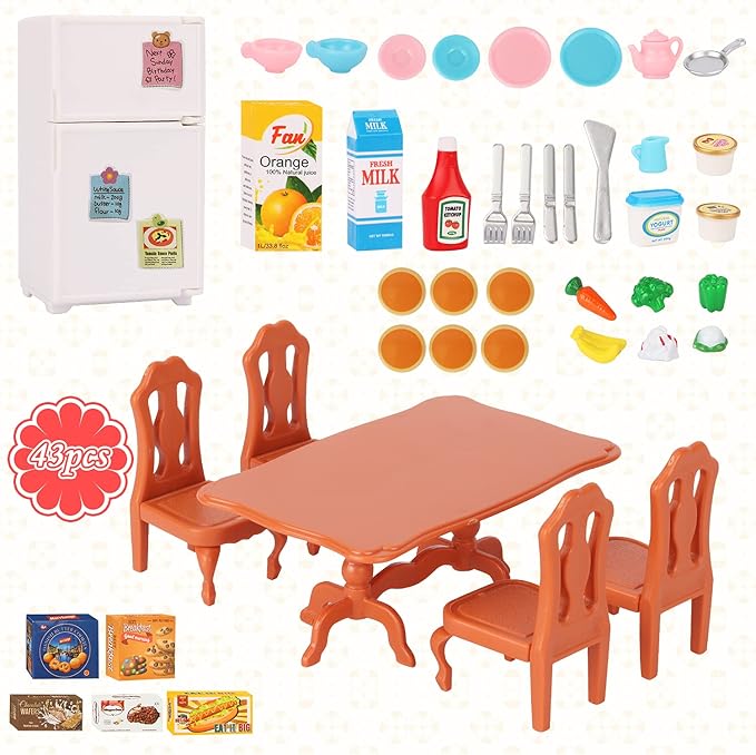 Dollhouse Furniture Set for Kids Toys Miniature Doll House Accessories Pretend Play Toys for Boys Girls & Toddlers Age 3+ with The Dining Room