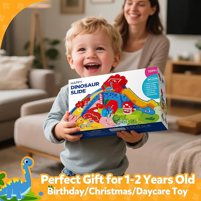 Toddler Toys for 1 2 Year Old Boy Gifts - Educational Dinosaur Slide Set with 4 Color/Number Push Cars and Playmat, Montessori Learning Toy for Baby 12-18 Months, 1st Birthday Present Ages 1-2, Red