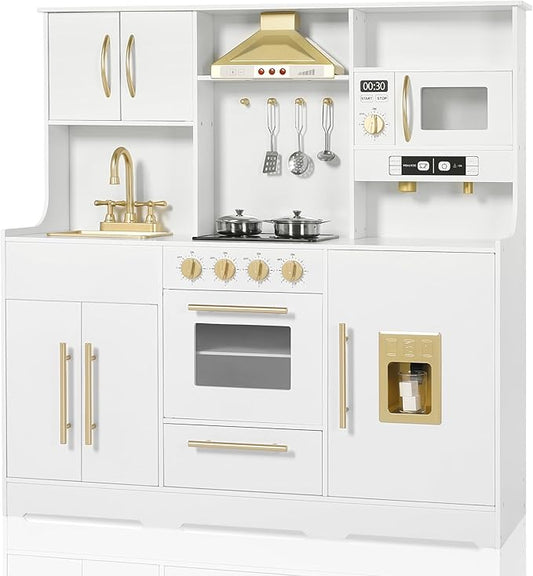Kids Kitchen Playset, Wooden Play Kitchen with Toy Storage System, Pretend Play Kitchen Set Toy with Range Hood, Ice Maker & Coffee Maker, for Kids Ages 3+, White