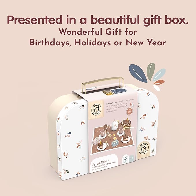 SPEEDY MONKEY Birthday Tea Set for Kids – FSC Wooden Pretend Play Tea Party & Food Set with Teapot, Cups, Cake & Tea Bag – Toddler Girls Imaginative Role Play Kitchen Toy – Colorful Gift for Dollhouse