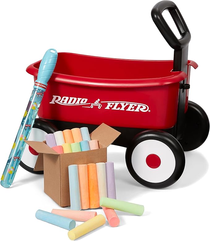 Baby Walker Wagon, Baby Toy Cart, Toddler Toys 1-2, Radio Flyer Summertime Fun My 1st Wagon for Kids, with Bubbles and Chalk, for Ages 1-4 Years, Red