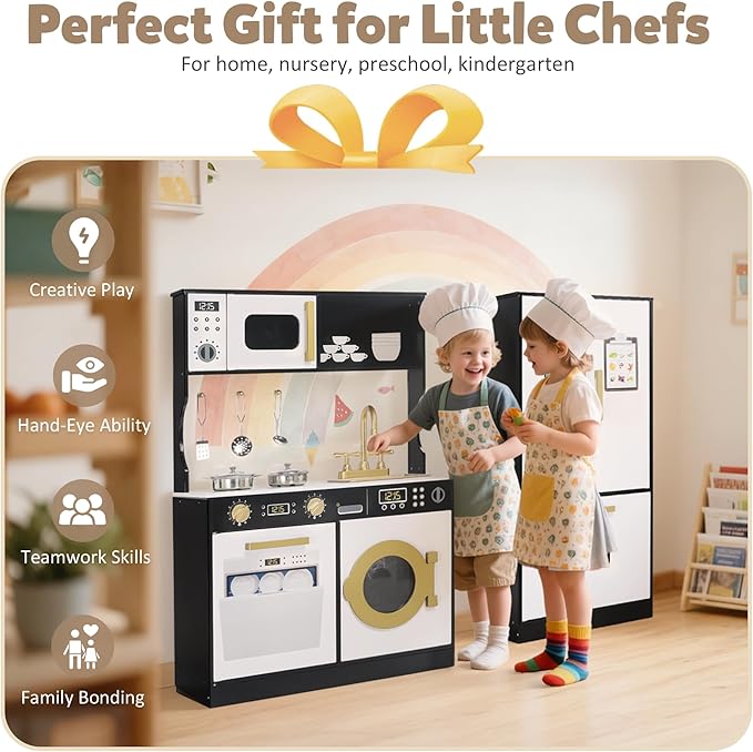 Play Kitchen Sets for Kids, Pretend Wooden Kids Kitchen Playset, Interactive Toy Kitchen with Freezer, Washing Machine, Ice Maker & Large Storage Space, for Boys Girls Ages 3+, Black