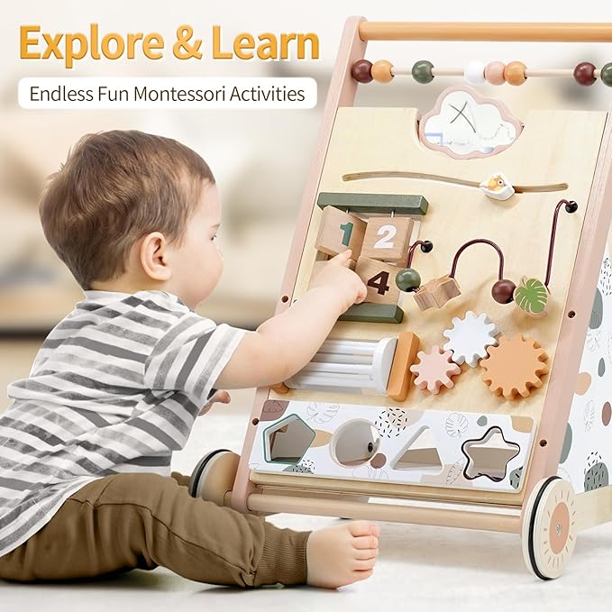 Joyreal Wooden Baby Walker Push Toys - Adjustable Speed Push Walker with Wheels and Learning Activity Center - Neutral Color Montessori Toys for Baby Boys and Girls Birthday Gifts