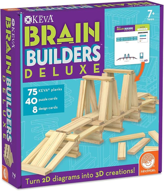 MindWare Keva Brain Builders Deluxe: STEM Building Toy Includes 75 KEVA Planks, 40 Puzzle Cards, 8 Design Cards, 3D Building Skills for Kids - Ages 7+