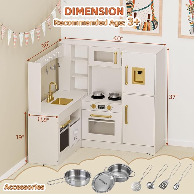 MAMIZO Corner Play Kitchen for Kids, Wooden Pretend Toy Kitchen, Large Toodler Cooking Playset w/Refrigerator, Stove w/Light & Sound, Disinfection Locker, Water Dispenser, Sink, Home Modern (Beige)