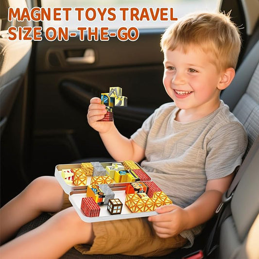 Magnetic Blocks with Magnet Box-35PCS Magnet Cubes, Magnetic Tiles Kids Build Cubes Travel Game Toys, Road Trip ‌Sensory Toy Christmas Birthday Gifts for Boys & Girls Ages 3