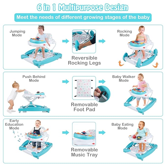 HONEY JOY Baby Walker, 6-in-1 Foldable Baby Walker and Bouncer Combo, Infant Activity Walker with Wheels, Adjustable Heights, Rocker, Music, Lights, Walker for Baby Boy Girl 7-14 Months (Green)