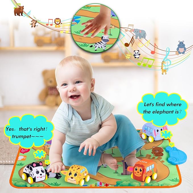 New Pull Back Vehicle & Music Mat Set, Soft Baby Toy Set with 4 Cute Animal Cars and Touch Play Blanket, New Interactive Mode, Folding and Storage 2-in-1, First Birthday Gifts for Toddler Toys 1-3
