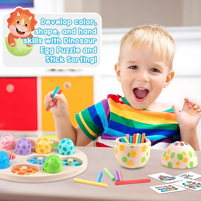 Aliex 4 in 1 Montessori Dinosaur Toys 12+ Months Boys Girls, Wooden Blocks Stacking Balance Toys Stick Color Sorting Egg Puzzles Matching Game,Preschool Education Learning Gift for Toddlers 1 2 3 4