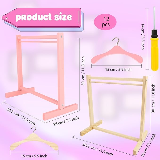 26 Pcs Wood Doll Garment Rack with Wooden Clothes Hanger Mini Wooden Girl Doll Clothes Hanger Organizer Storage Shelf for 18 Inch Girl Doll Clothes Baby Dollhouse (Color Set 2)