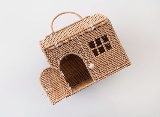 Rool Rattan House Shaped Basket Wicker Small Dollhouse Gift for Girls, Boho Toys, Mouse in a Box House, Little Girl Purse Clutch, Doll Carrier (Brown)