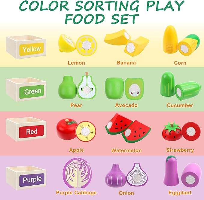 MerryPony Wooden Play Food Set for Kids Kitchen Accessories - 34 Pcs Velcro Fruit & Veggie Cutting Toys with 4 Color Sorting Boxes, Montessori Pretend Play for Toddlers, Birthday Gifts for Boys Girls