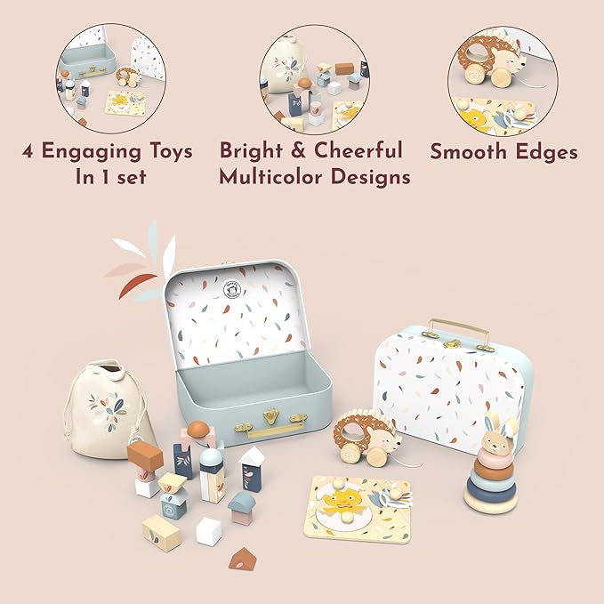 SPEEDY MONKEY My First Toy Box – Multicolor Wooden Nursery Toy Set for Kid, FSC Certified Play Box for Toddler, Includes Building Blocks, Stacking Rabbit, Chick Puzzle & Pull-Along Hedgehog