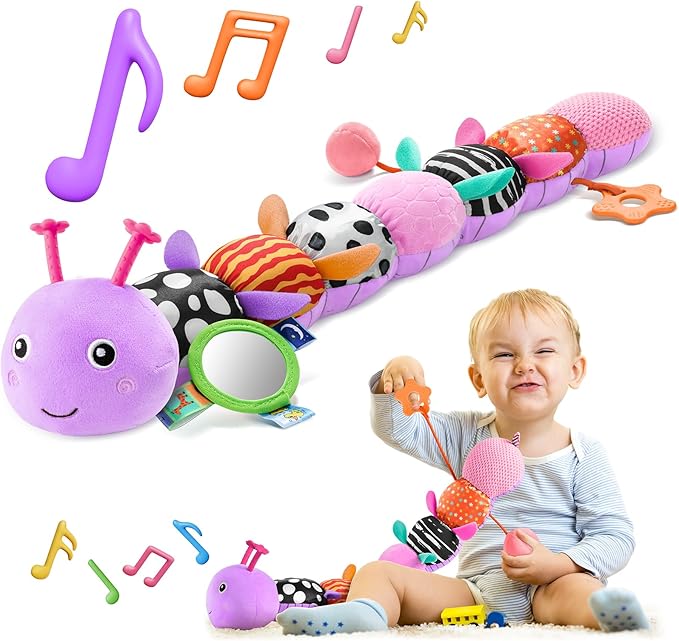 HEMRLY Baby Sensory Toy 0-6 Months, Musical Stuffed Caterpillar Plush with Teether, Crinkle, Rattle, Baby Mirror for Tummy Time, Infant Car Seat Toy for 0-3-6-12 Month Boys Girls Gifts - Leaf Purple