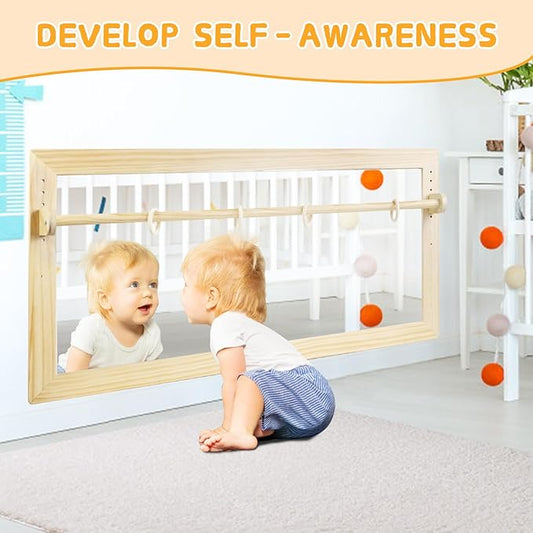 Montessori Mirror with Bar, Adjustable Wood Baby Pull Up Bar, Floor & Wall Shatterproof Safety Infant Coordination Montessori Furniture, for Home, Daycare, or Preschool