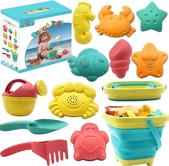 Beach Toys for Kids - Sand Toys Set Includes Collapsible Sand Bucket Shovel and Sand Rake Toy for Beach 12 PCS, Sandbox Toys Sandcastle Building Kit (A)