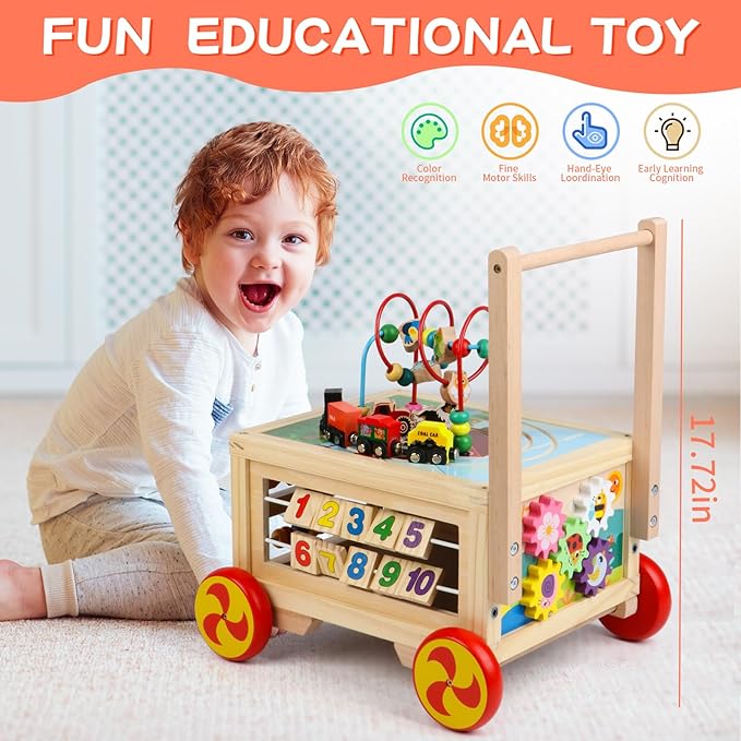 Wooden Activity Cube 7-in-1 Montessori Toys for 1+ Year Old Boys Girls Educational Learning Toys for Toddlers Age 1-2 One Year Old First Birthday Gift Bead Maze Magnetic Trains Track Shape Sorter