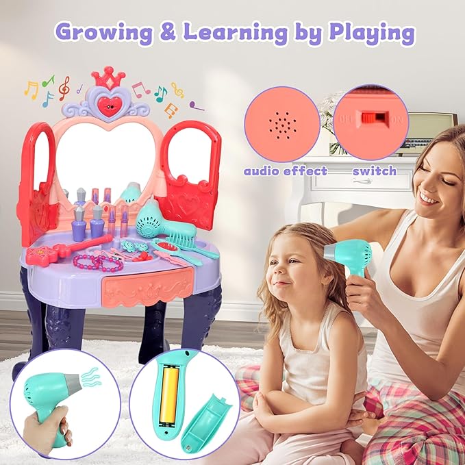 Toddler Vanity Makeup Table with Mirror and Chair, Open Doors by Gestures, Kids Vanity Set with Lights and Music with Makeup Accessories & Hair Dryer, Girls Vanity for Toddlers 3 4 5 Years Old