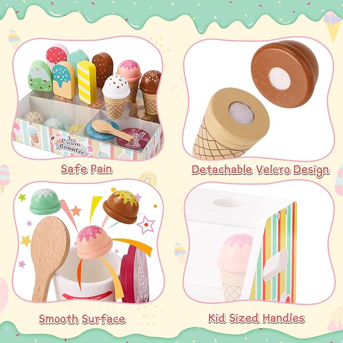 Wooden Ice Cream Toys for Kids Pretend Play Kitchen Food Toys with Scoop & Menu & Fake Money, Ice Cream Counter Shop Playset for 3 4 5 6 Year Old Girls Boys Birthday Gifts