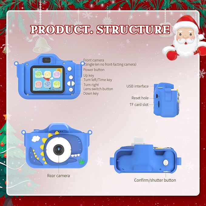 Kids Camera for 3-9 Year Old Boys Girls, Children Digital Camera with Cute Cartoon Soft Cover & 32GB SD Card, Best Christmas Birthday Gifts for Grandkids, Halloween Party Favors for Kids - Blue