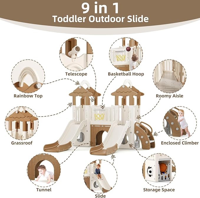 KORIMEFA 10-in-1 Toddler Slide, Kid Double Slide for Toddlers Age 1-3, Basketball Hoop, and Telescope, Indoor Outdoor Slide Toddler Playset Toddler Playground, Forest Themed Brown