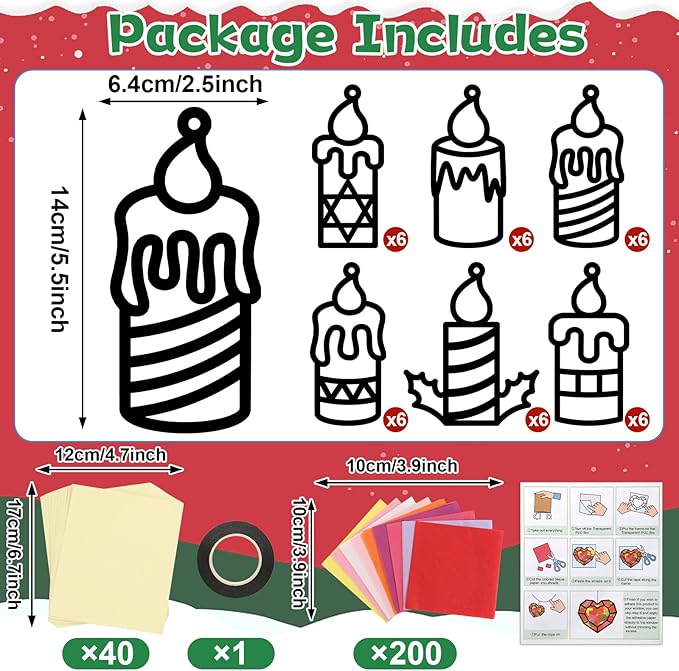 Qyeahkj 36 Set Christmas Xmas Candle Suncatchers Crafts Kit DIY Window Tissue Paper Craft Kits Stained Glass Effect Winter Holiday Hanging Ornaments for School Classroom Home Activity Art Favor Gift