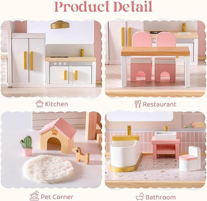 ROBOTIME Wooden Dollhouse Furniture Set, 28 PCS Miniature Dollhouse Furniture with 6 Room Kits, Dollhouse Accessories and Pretend Play Furniture, Gift for Boys and Girls Ages 3+