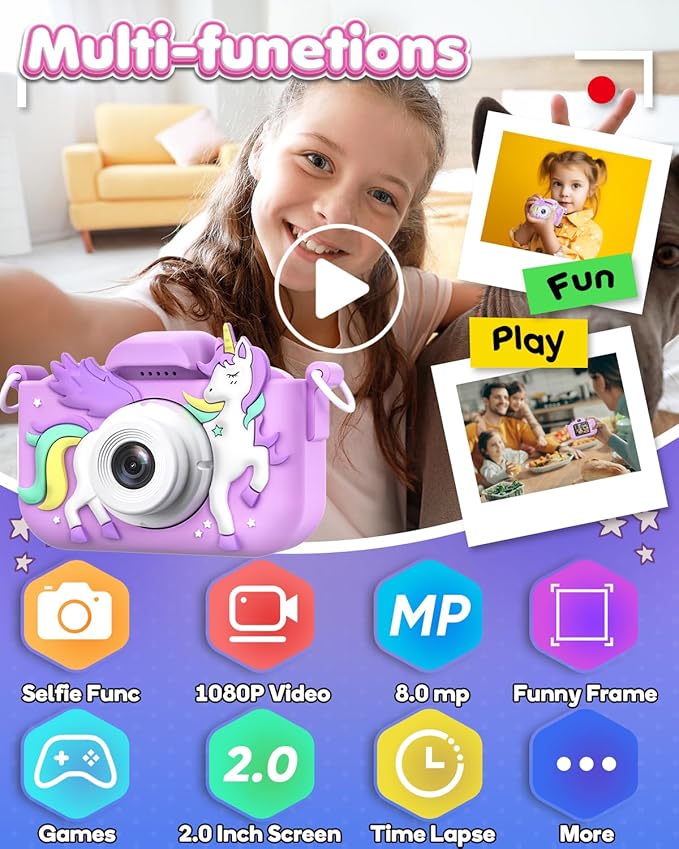 Seckton Kids Camera Toys for Girls Ages 3-8, Children Digital Video Camera with Protective Silicone Cover, Christmas Birthday Gifts for 3 4 5 6 7 8 Year Old Girls with 32GB SD Card