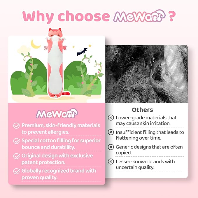 Mewaii Long Cat Plush 5 Sizes, 120% Extra Filling Giant Plushness Kids Body Pillow, Kawaii Cute Pink Cat Stuffed Animals Plushies, Big Long Body Pillow Cat Plush Gift for Girls 53”