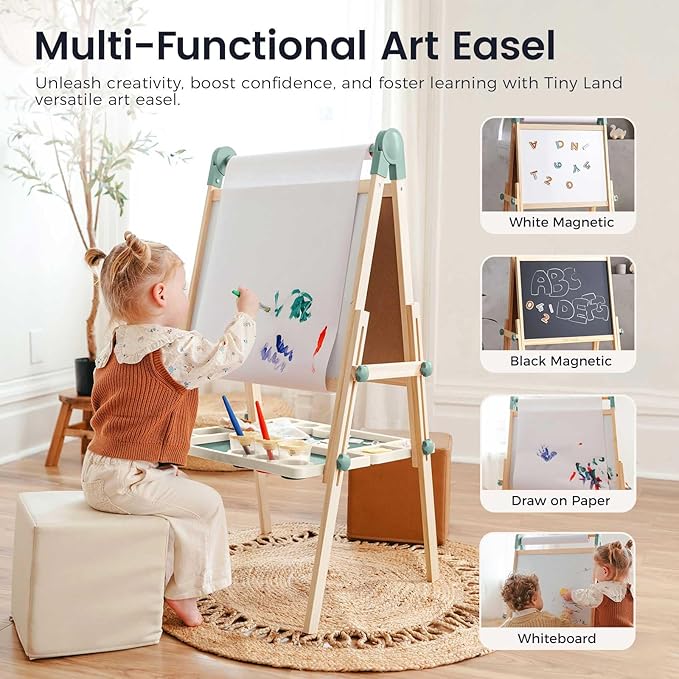Tiny Land Easel for Kids, Double-Sided Magnetic Easel with Drawing Accessories, Adjustable Wooden Kids Art Easel with Paper Roll, Learning-Toy for 3,4,5,6,7,8 Years Old Boy & Girls Green