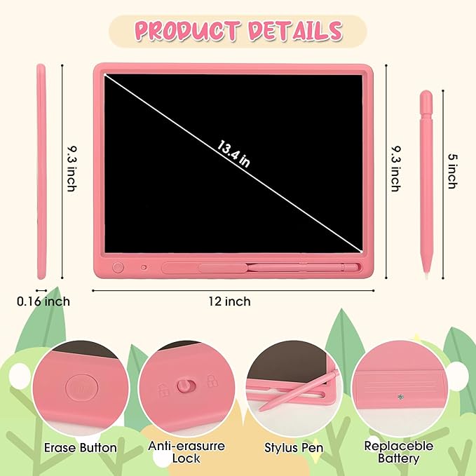 LCD Writing Tablet for Kids, 15 Inch Colorful Drawing Doodle Board, Learning Educational Drawing Pad Toys for Kids, Christmas Birthday Gift for 3 4 5 6 7 8 9 Year Old Girls Boy Pink
