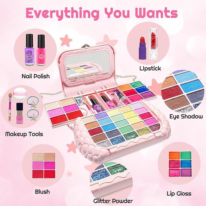 49Pcs Kids Makeup Kit for Girl - Kids Makeup Sets for Girls 5-8, Real Washable Girls Makeup Kit, Little Girl Makeup Set & Princess Toys Christmas Birthday Gift for 3 4 5 6 7 8 9 10 11 12 Year Old