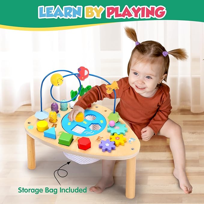 wingyz Activity Table for 1+ Year Old, 6 in 1 Wooden Montessori Activity Center Play Table with Bead Maze Shape Sorter Fishing Game, Kids Sensory Educational Toddler Learning Toys
