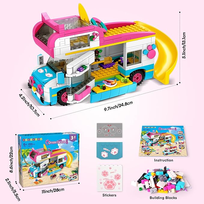 HOGOKIDS 3-in-1 Girls Camper Van Building Set - 494PCS Summer Beach Camping Building Blocks Sets | Food Truck Toys with Slide and Stickers | Easter Gifts for Girls Boys Age 6 7 8 9 10 11 12+
