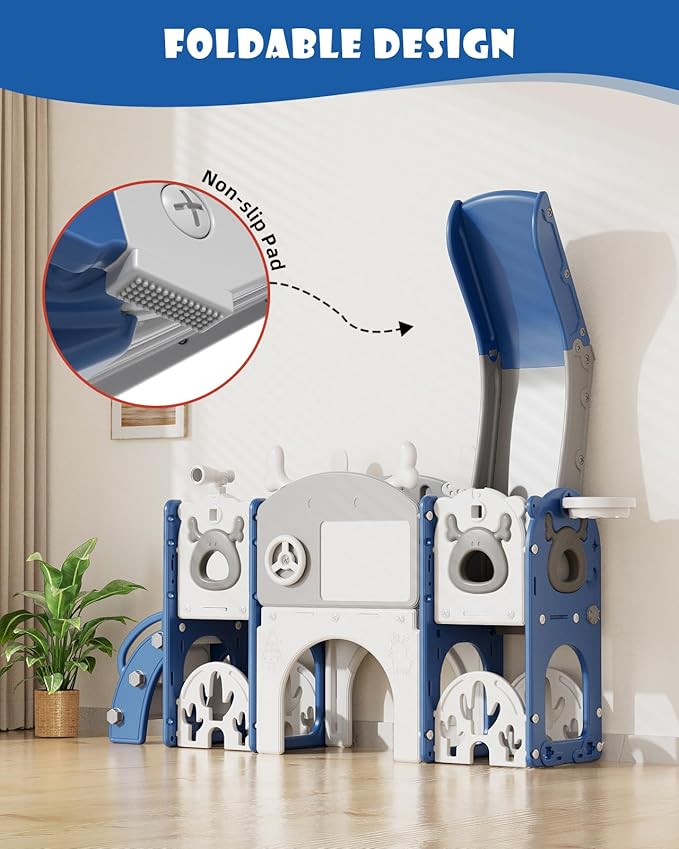 YUFU 13 in 1 Kids Slide for Toddlers, Toddler Slide Playset with Golf, Drawing Board, Climber, Basketball Hoop and Storage Space, Indoor Outdoor Toddler Playground for Kids Age 1-3 (Blue)