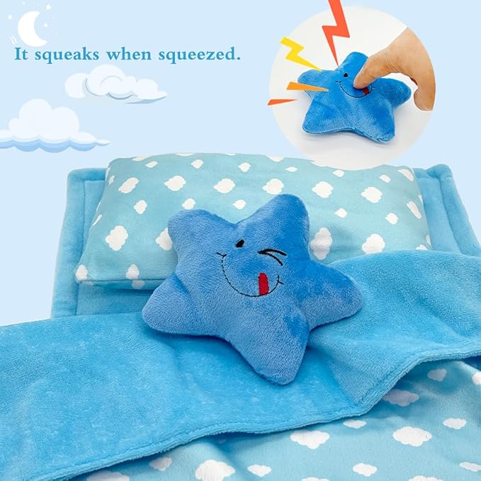 Baby Doll Accessories Bedding Set Soft Blanket Mattress Pillow Dolls Playset Fits 16-18 Inches American Doll Furniture Toy Girls and Boys (Blue)