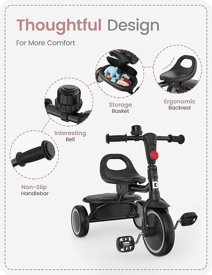 besrey Toddler Tricycle with Bell, Kids Tricycle Age 18 Months to 5 Years, Kids Trike, Toddler Bike for 1.5-5 Year Olds, Baby Trike, Gifts & Toys for Boys & Girls, Black