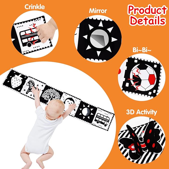 Thremhoo Black and White High Contrast Toys for Baby 0-3 3-6 Months Infant Tummy Time Soft Crinkle Book Mirror Sensory Toys 0 2 4 5 6 Month Old Babies Boy Gril Brain Development Newborn Shower