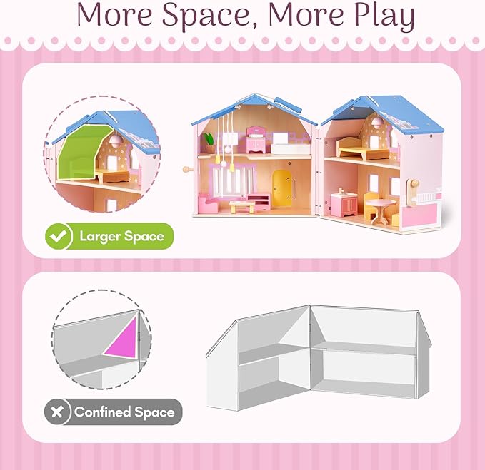 Giant bean Exquisite Pink Wooden Dollhouse for Girls with 2 Dolls and 12pcs Wooden Furniture,Foldable and Portable Pretend Play House Set with Handle, Christmas Birthday Gift for Girls Kids Age 3+