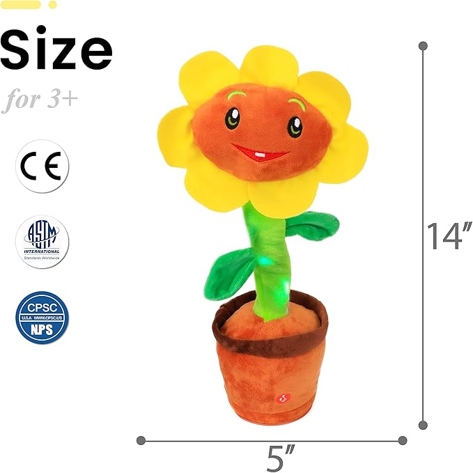 Easfan Singing Dancing Sunflower Talking Toy Electric Musical Plush Repeat What You Say Funny Speaking Interactive Toy Birthday for Kids, 14"