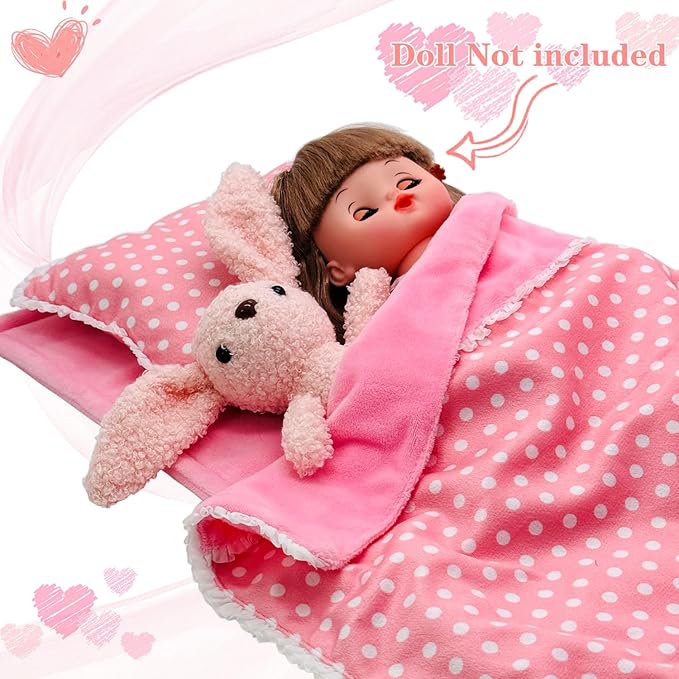 Baby Doll Accessories Bedding Set Soft Blanket Mattress Pillow Dolls Playset Fits 16-18 Inches American Doll Furniture Toy Girls and Boys (Pink)